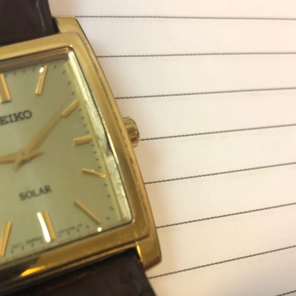 Mens Seiko Gold-Tone Rectangular Solar Watch with Brown Strap - Picture 7 of 8